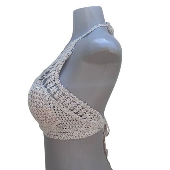 Rebellion Again Crop Top Women's Medium Ecru Crochet Macrame Halter Tie Boho - Picture 8 of 15